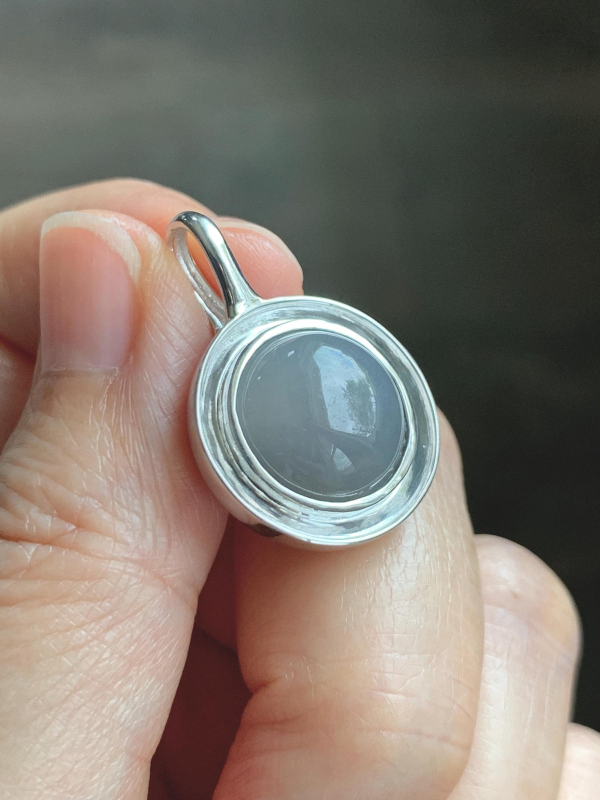 Certified Natural Grade A Icy Translucent Light Gray Wuji Jade Jadeite Round Pendant Sterling Silver 6.85g 天然冰胶紫底乌鸡翡翠镶嵌吊坠 1003