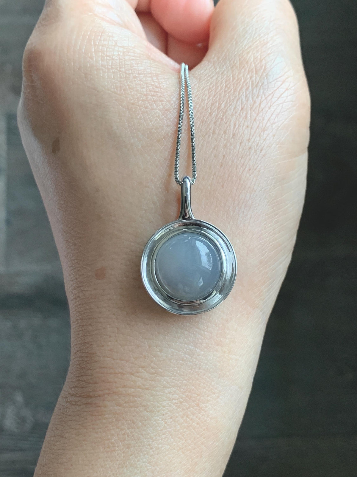 Certified Natural Grade A Icy Translucent Light Gray Wuji Jade Jadeite Round Pendant Sterling Silver 6.85g 天然冰胶紫底乌鸡翡翠镶嵌吊坠 1003