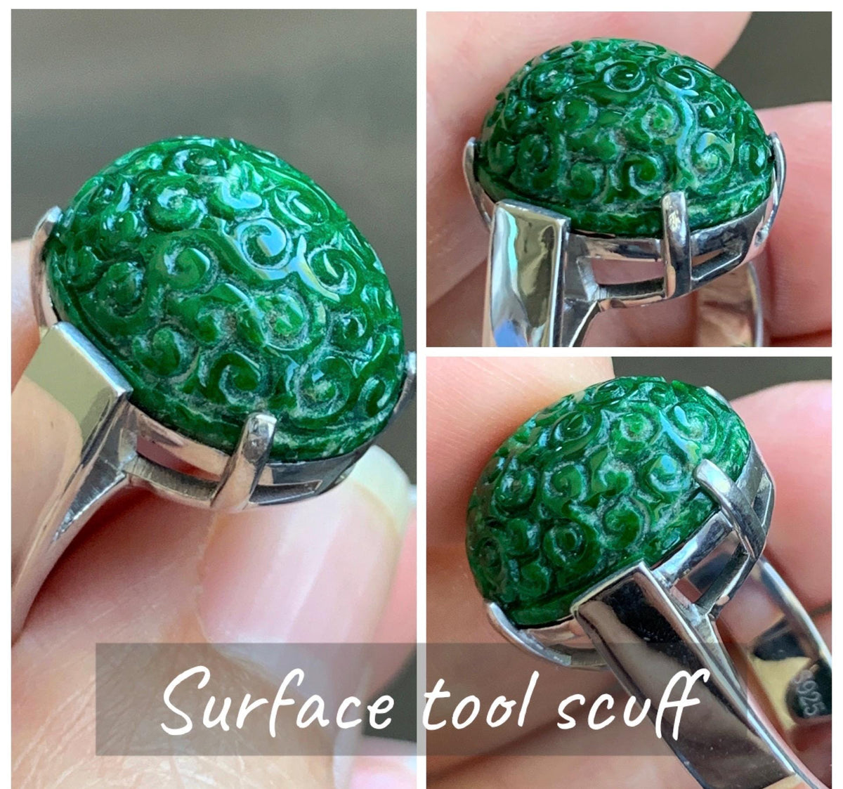 Certified Natural Grade A Icy Intense Green Hua Qing Jade Jadeite Engraved Large Oval Ring Size 7.25 US 9.41g 天然满绿花青翡翠仿古雕大蛋面戒指 1020
