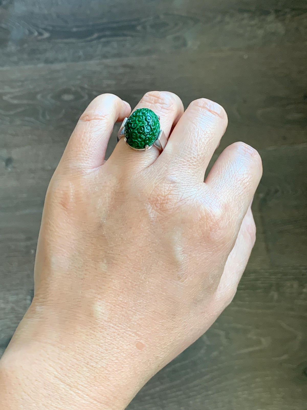 Certified Natural Grade A Icy Intense Green Hua Qing Jade Jadeite Engraved Large Oval Ring Size 7.25 US 9.41g 天然满绿花青翡翠仿古雕大蛋面戒指 1020