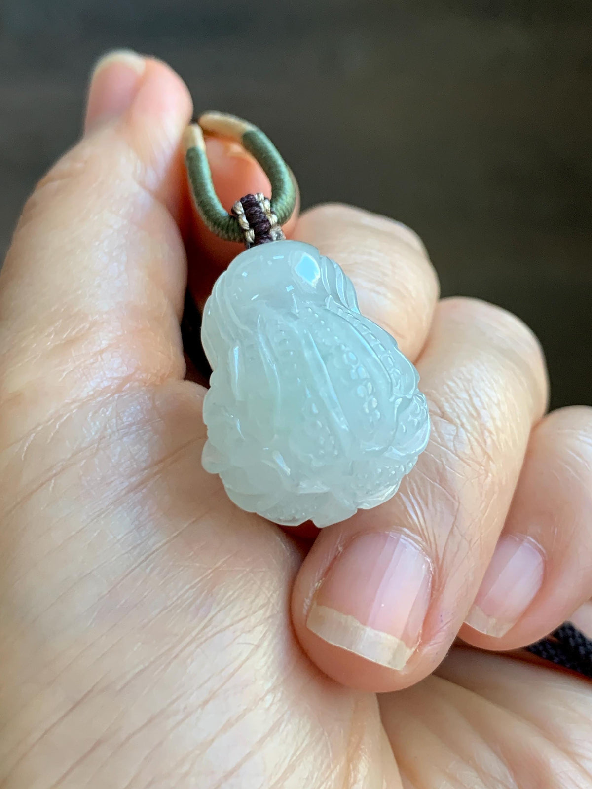 Natural Grade A Icy Translucent Icy White Green Marbled Jade Jadeite Carved Cabbage Pendant Rope Necklace 24” 15g 天然冰胶飘花翡翠白菜百财吊坠 MQB270