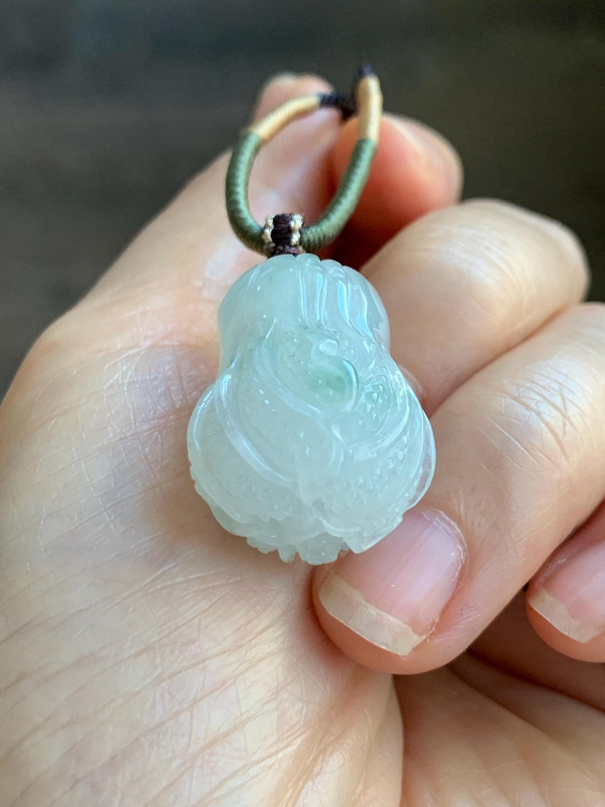 Natural Grade A Icy Translucent Icy White Green Marbled Jade Jadeite Carved Cabbage Pendant Rope Necklace 24” 15g 天然冰胶飘花翡翠白菜百财吊坠 MQB270
