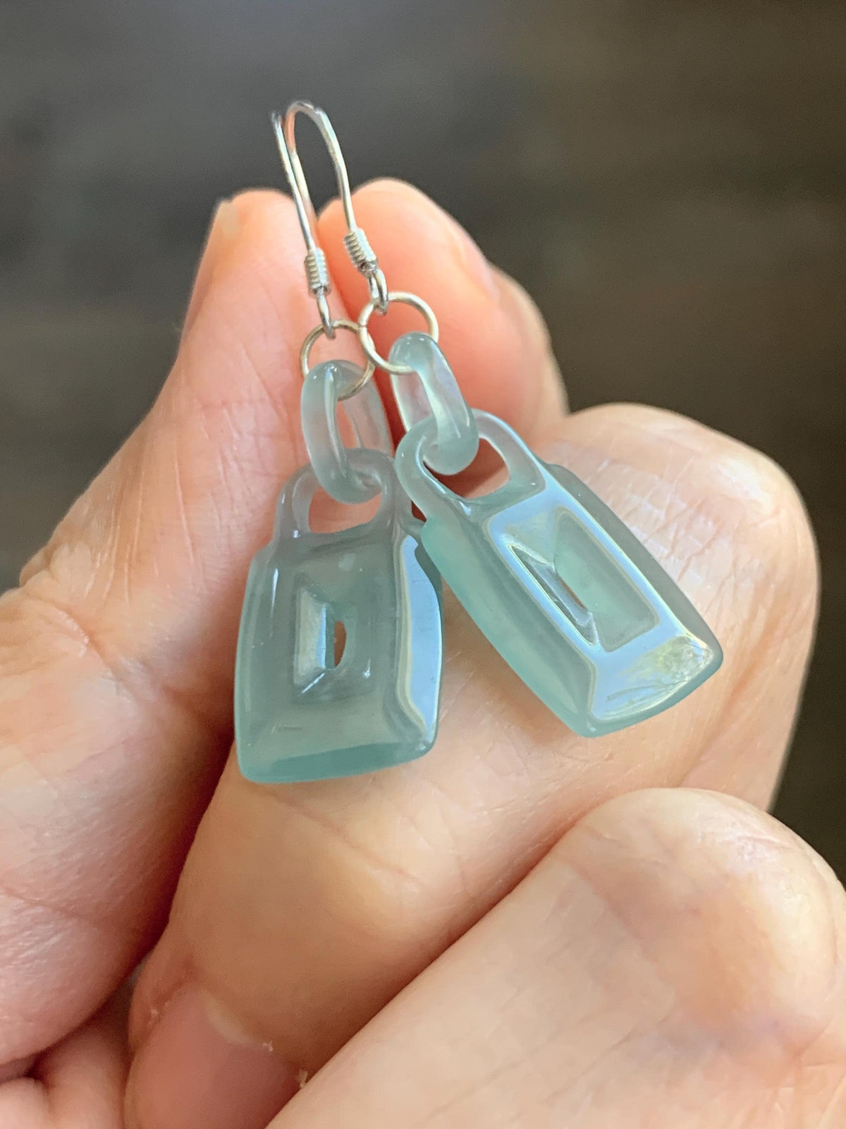 Natural Grade A Guatemalan Icy Dusty Teal Green Jade Jadeite w/ Interlocking Rings Dangle Earrings Sterling Silver 天然冰危浅蓝绿翡翠环环相扣耳钩 WHH220B