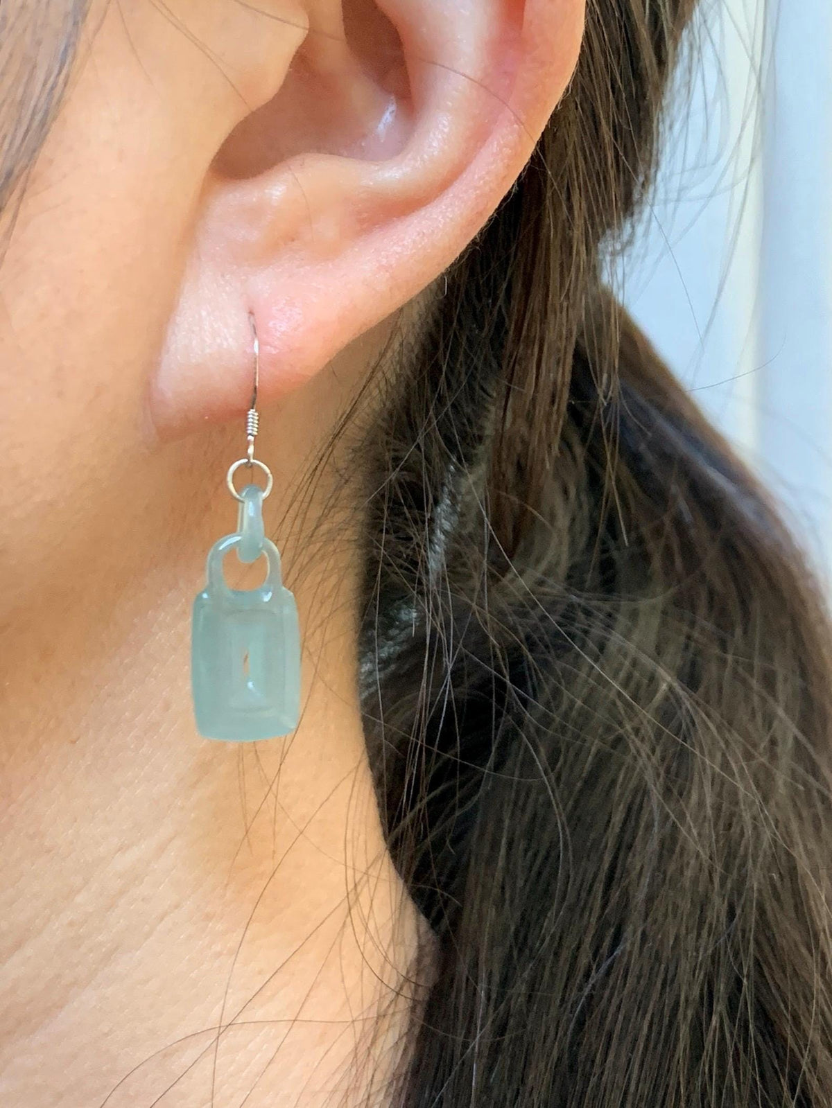 Natural Grade A Guatemalan Icy Dusty Teal Green Jade Jadeite w/ Interlocking Rings Dangle Earrings Sterling Silver 天然冰危浅蓝绿翡翠环环相扣耳钩 WHH220B