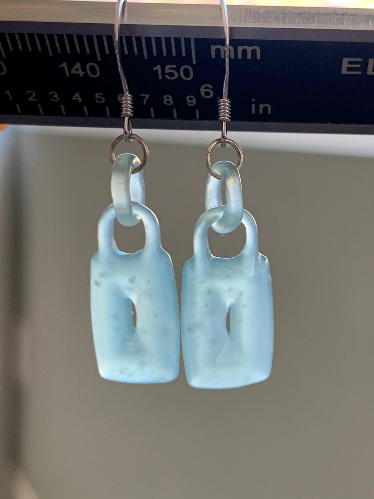 Natural Grade A Guatemalan Icy Dusty Teal Green Jade Jadeite w/ Interlocking Rings Dangle Earrings Sterling Silver 天然冰危浅蓝绿翡翠环环相扣耳钩 WHH220B