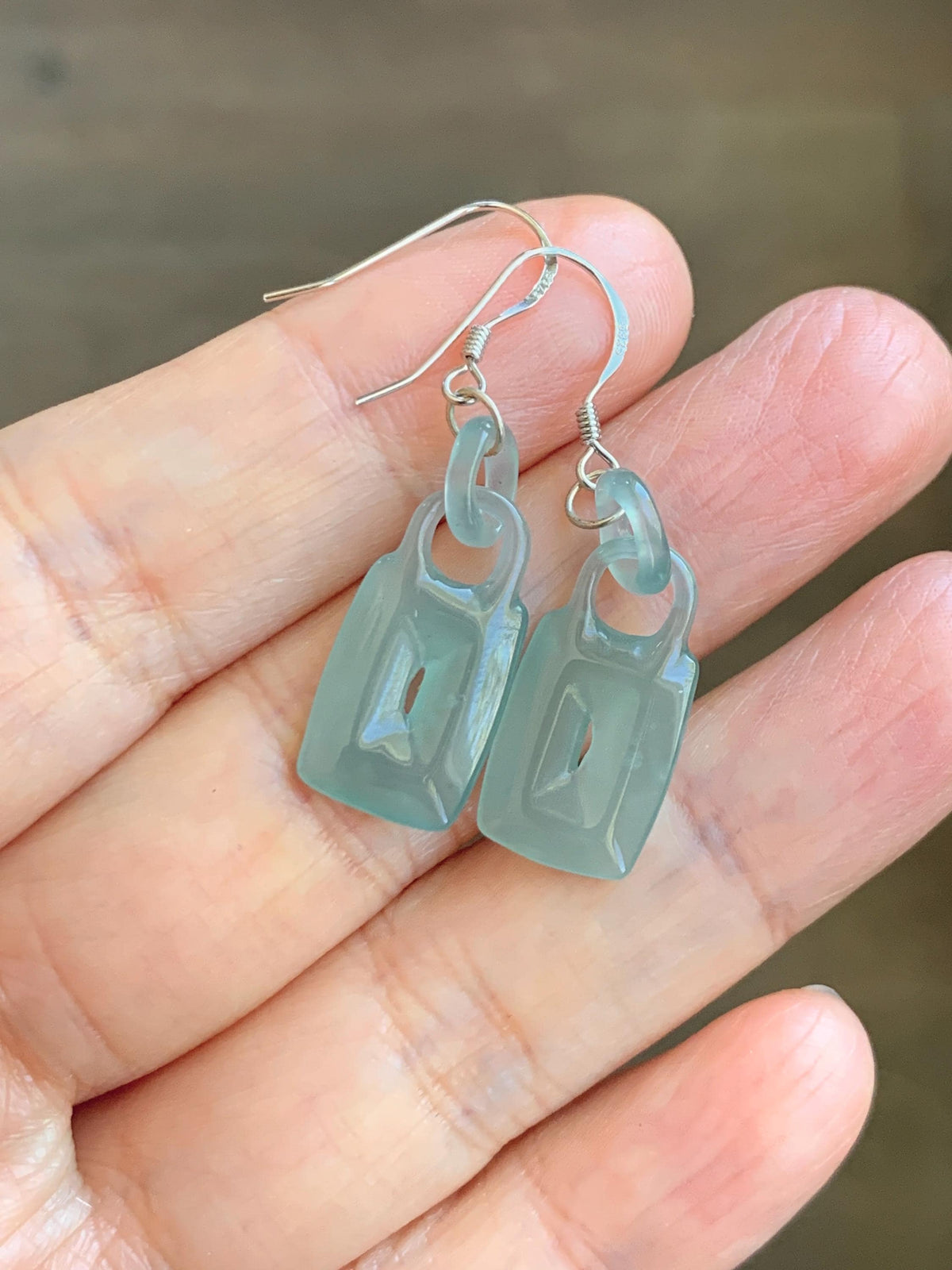 Natural Grade A Guatemalan Icy Dusty Teal Green Jade Jadeite w/ Interlocking Rings Dangle Earrings Sterling Silver 天然冰危浅蓝绿翡翠环环相扣耳钩 WHH220B