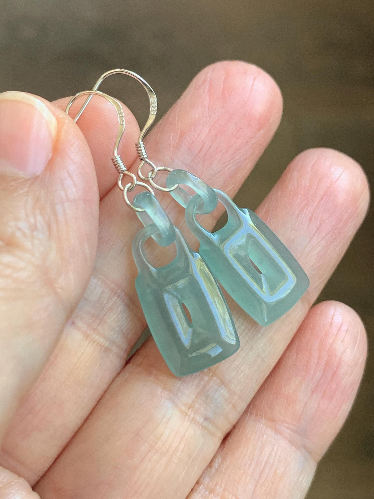 Natural Grade A Guatemalan Icy Dusty Teal Green Jade Jadeite w/ Interlocking Rings Dangle Earrings Sterling Silver 天然冰危浅蓝绿翡翠环环相扣耳钩 WHH220B