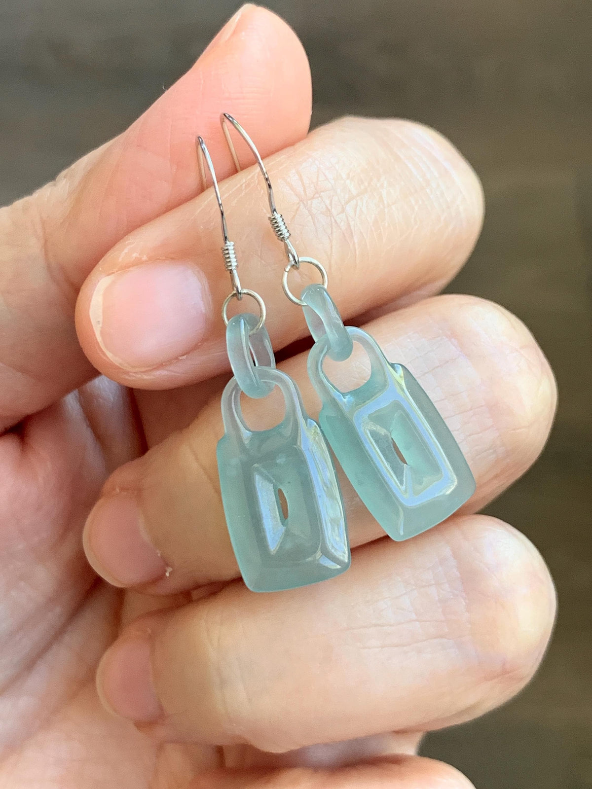 Natural Grade A Guatemalan Icy Dusty Teal Green Jade Jadeite w/ Interlocking Rings Dangle Earrings Sterling Silver 天然冰危浅蓝绿翡翠环环相扣耳钩 WHH220B
