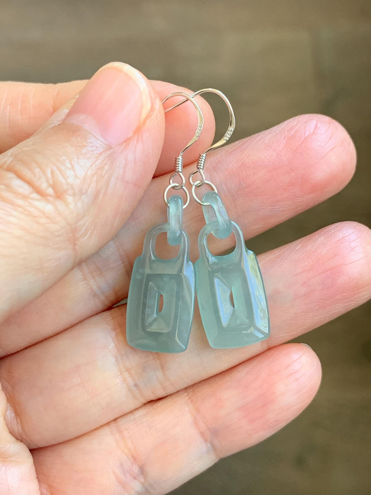 Natural Grade A Guatemalan Icy Dusty Teal Green Jade Jadeite w/ Interlocking Rings Dangle Earrings Sterling Silver 天然冰危浅蓝绿翡翠环环相扣耳钩 WHH220B