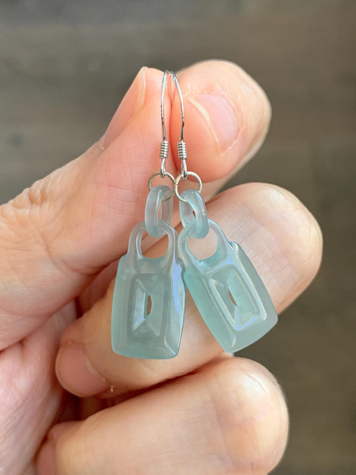 Natural Grade A Guatemalan Icy Dusty Teal Green Jade Jadeite w/ Interlocking Rings Dangle Earrings Sterling Silver 天然冰危浅蓝绿翡翠环环相扣耳钩 WHH220B
