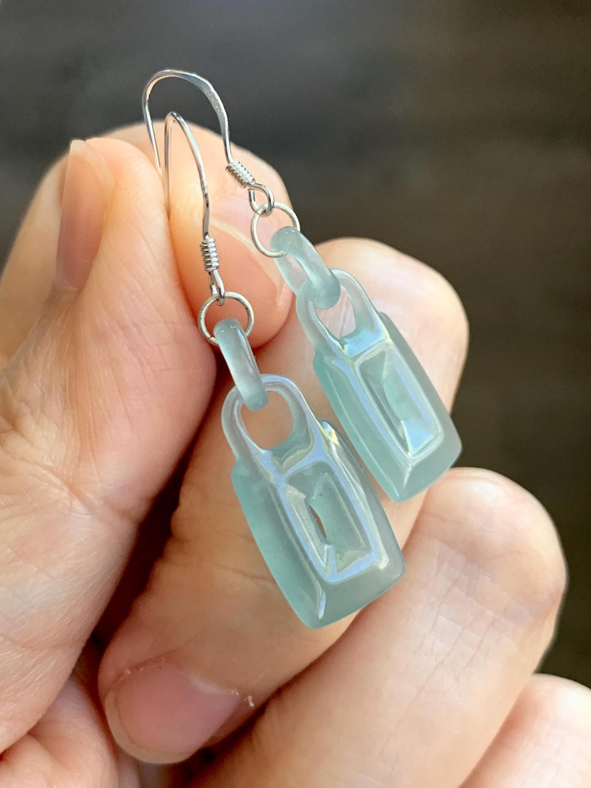 Natural Grade A Guatemalan Icy Dusty Teal Green Jade Jadeite w/ Interlocking Rings Dangle Earrings Sterling Silver 天然冰危浅蓝绿翡翠环环相扣耳钩 WHH220B