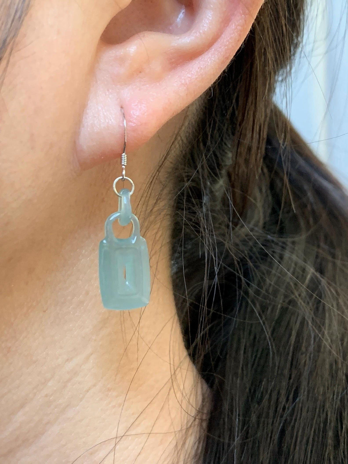 Natural Grade A Guatemalan Icy Dusty Teal Green Jade Jadeite w/ Interlocking Rings Dangle Earrings Sterling Silver 天然冰危浅蓝绿翡翠环环相扣耳钩 WHH220B