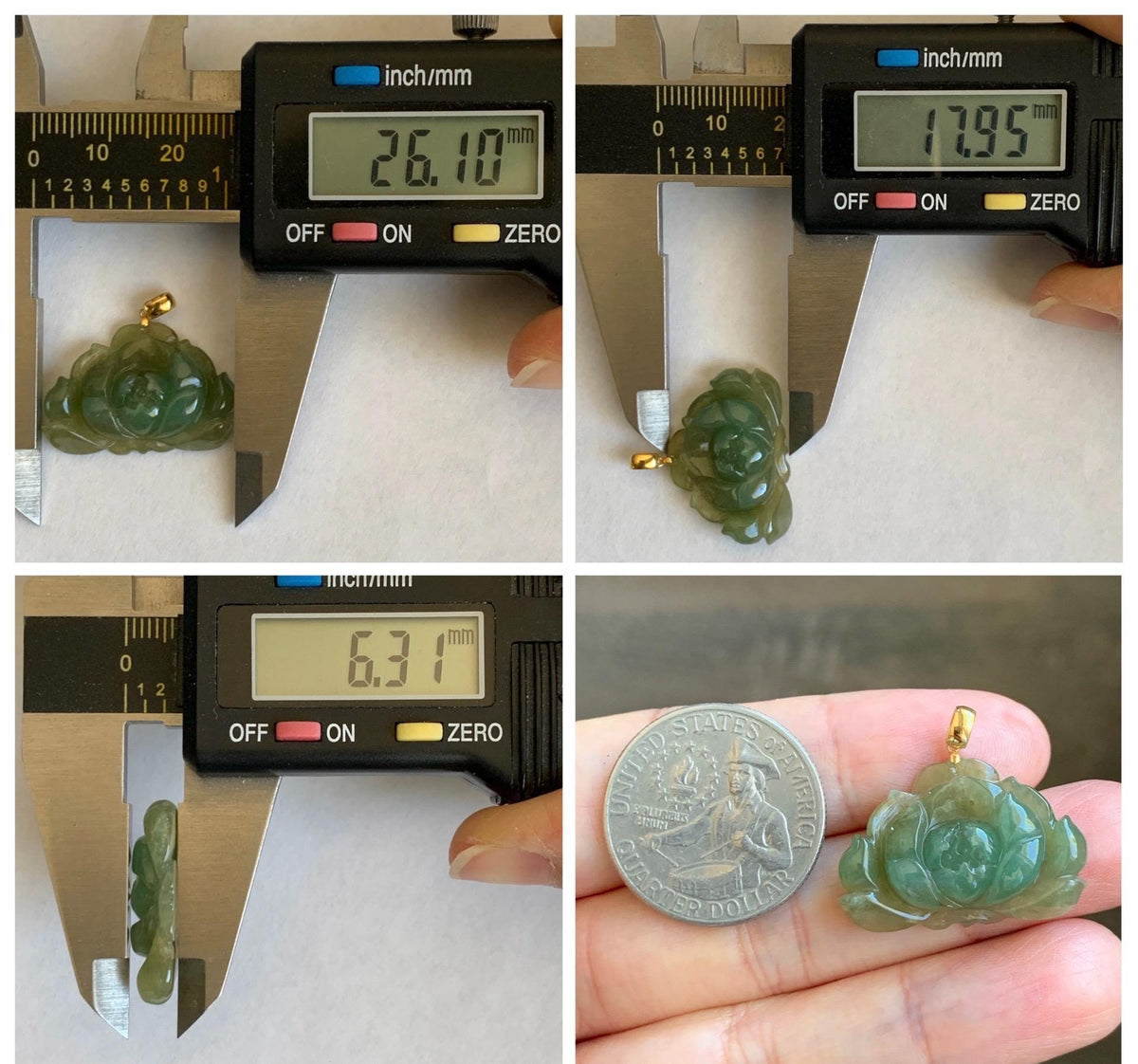 Natural Grade A Icy Translucent Yellowish Green Bicolored Jade Jadeite Lotus Flower Pendant 18K Yellow Gold 4g 天然冰茶黄翡翠莲花镶嵌吊坠 MSS180