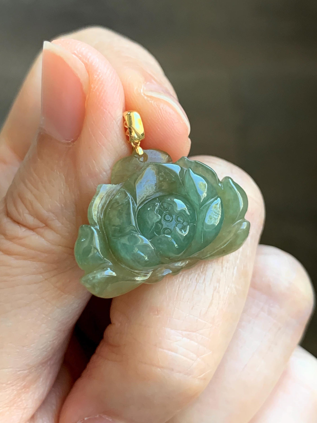 Natural Grade A Icy Translucent Yellowish Green Bicolored Jade Jadeite Lotus Flower Pendant 18K Yellow Gold 4g 天然冰茶黄翡翠莲花镶嵌吊坠 MSS180