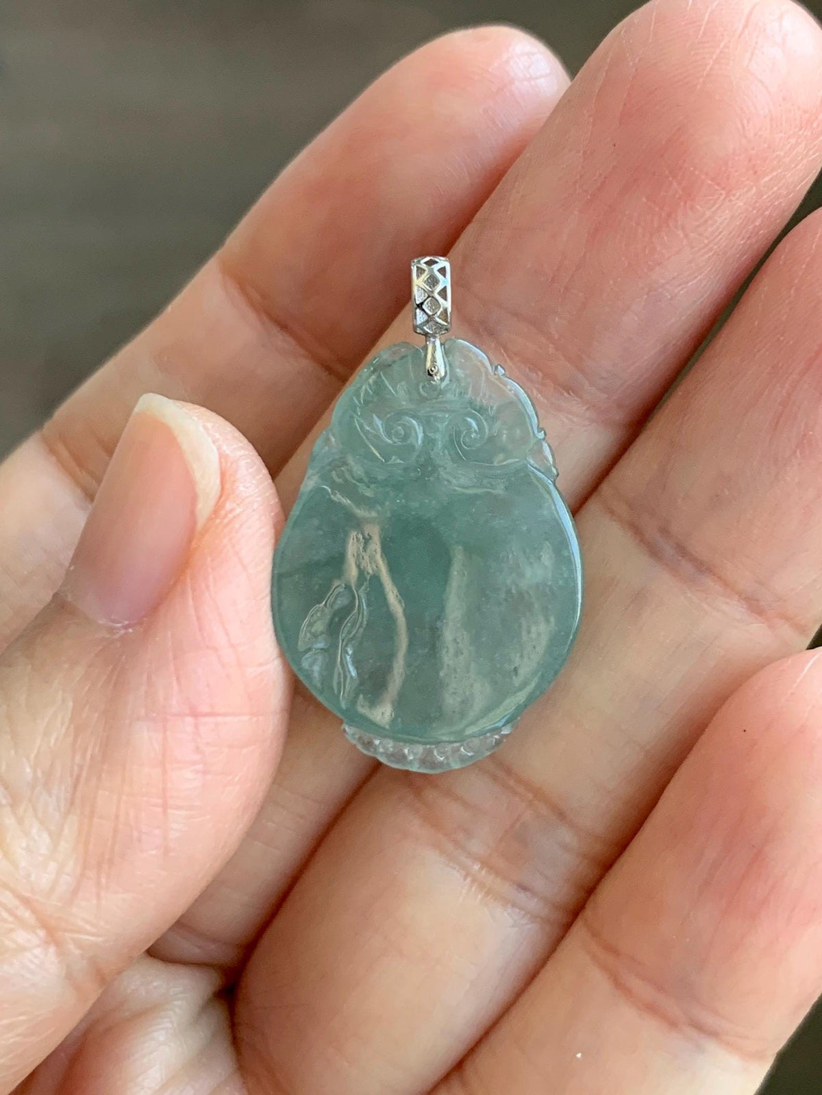Natural Grade A Icy Translucent Dusty Teal Green Jade Jadeite Lotus Flower Goldfish Donut Pendant 18K White Gold 3g 天然冰胶晴蓝底翡翠莲花鱼吊坠 MTG588