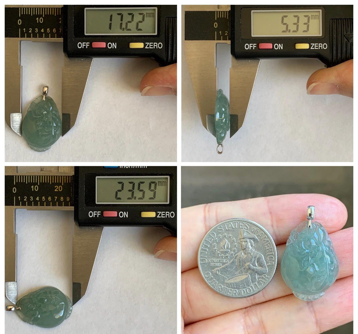 Natural Grade A Icy Translucent Dusty Teal Green Jade Jadeite Lotus Flower Goldfish Donut Pendant 18K White Gold 3g 天然冰胶晴蓝底翡翠莲花鱼吊坠 MTG588