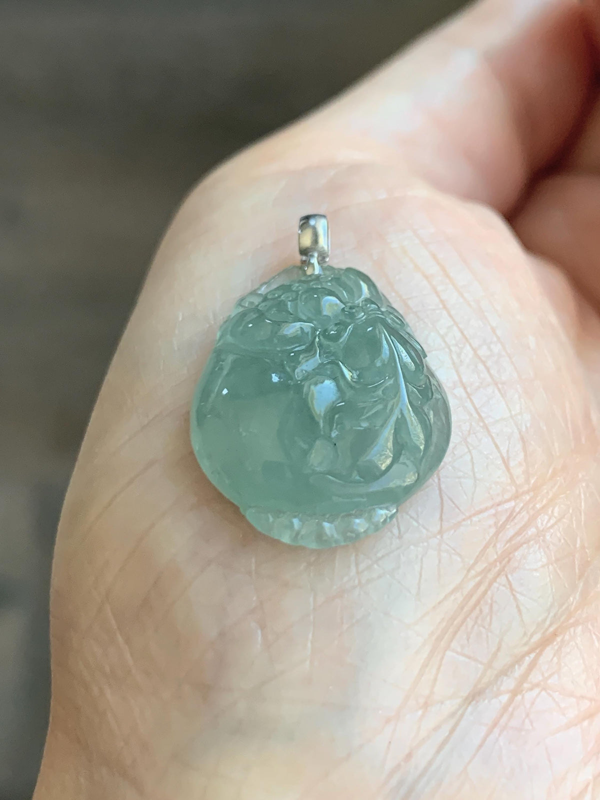Natural Grade A Icy Translucent Dusty Teal Green Jade Jadeite Lotus Flower Goldfish Donut Pendant 18K White Gold 3g 天然冰胶晴蓝底翡翠莲花鱼吊坠 MTG588