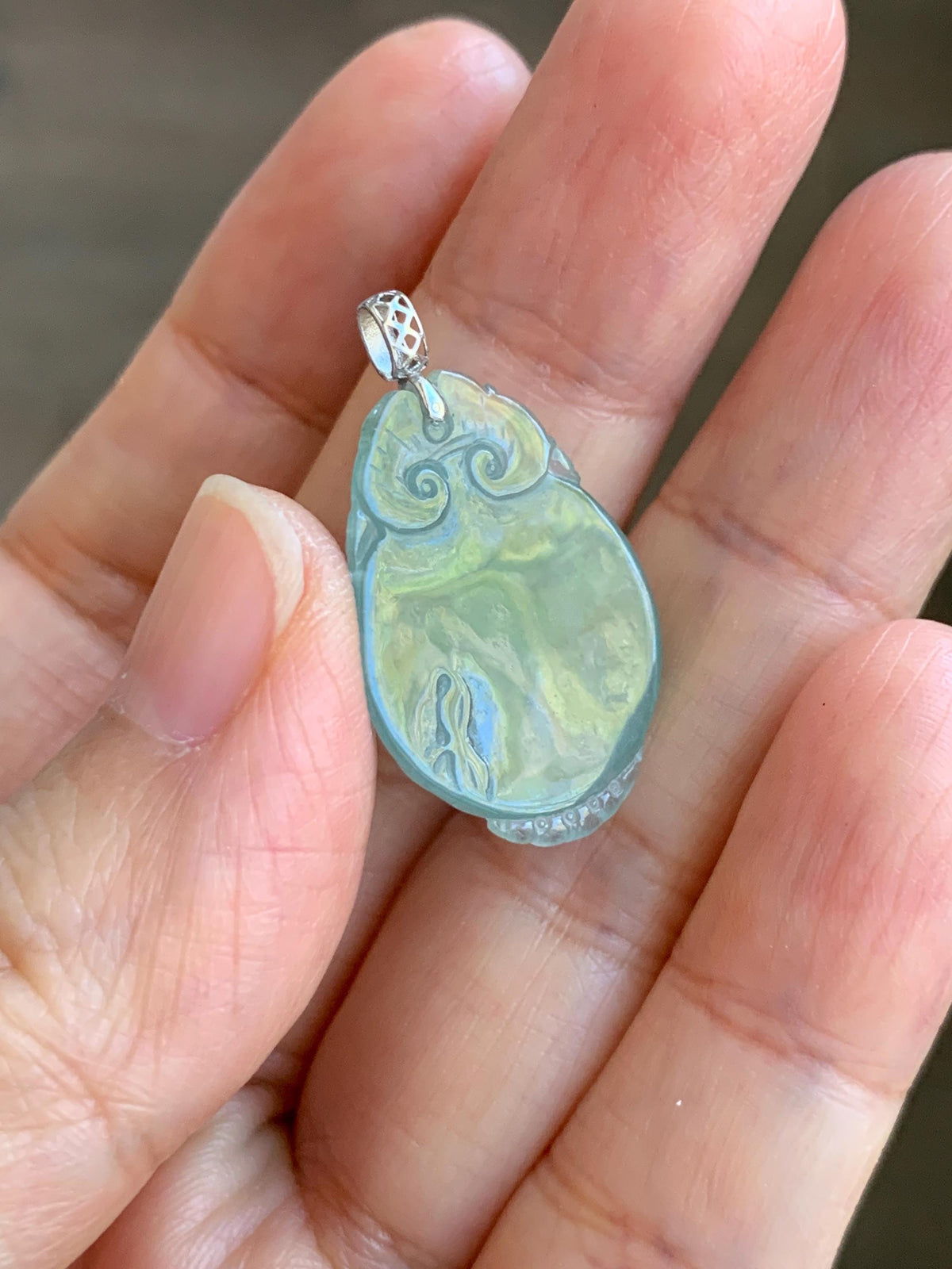 Natural Grade A Icy Translucent Dusty Teal Green Jade Jadeite Lotus Flower Goldfish Donut Pendant 18K White Gold 3g 天然冰胶晴蓝底翡翠莲花鱼吊坠 MTG588