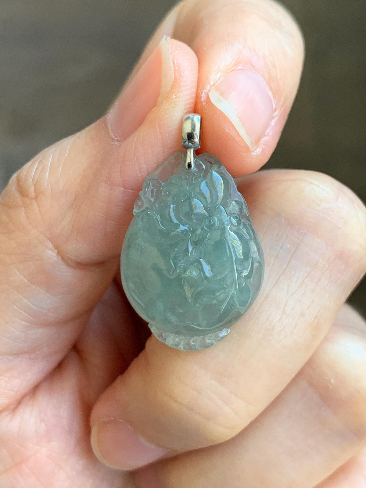 Natural Grade A Icy Translucent Dusty Teal Green Jade Jadeite Lotus Flower Goldfish Donut Pendant 18K White Gold 3g 天然冰胶晴蓝底翡翠莲花鱼吊坠 MTG588