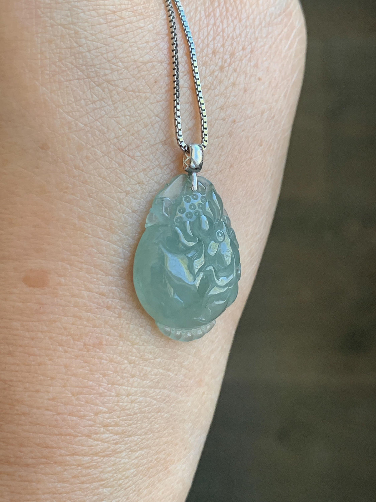 Natural Grade A Icy Translucent Dusty Teal Green Jade Jadeite Lotus Flower Goldfish Donut Pendant 18K White Gold 3g 天然冰胶晴蓝底翡翠莲花鱼吊坠 MTG588