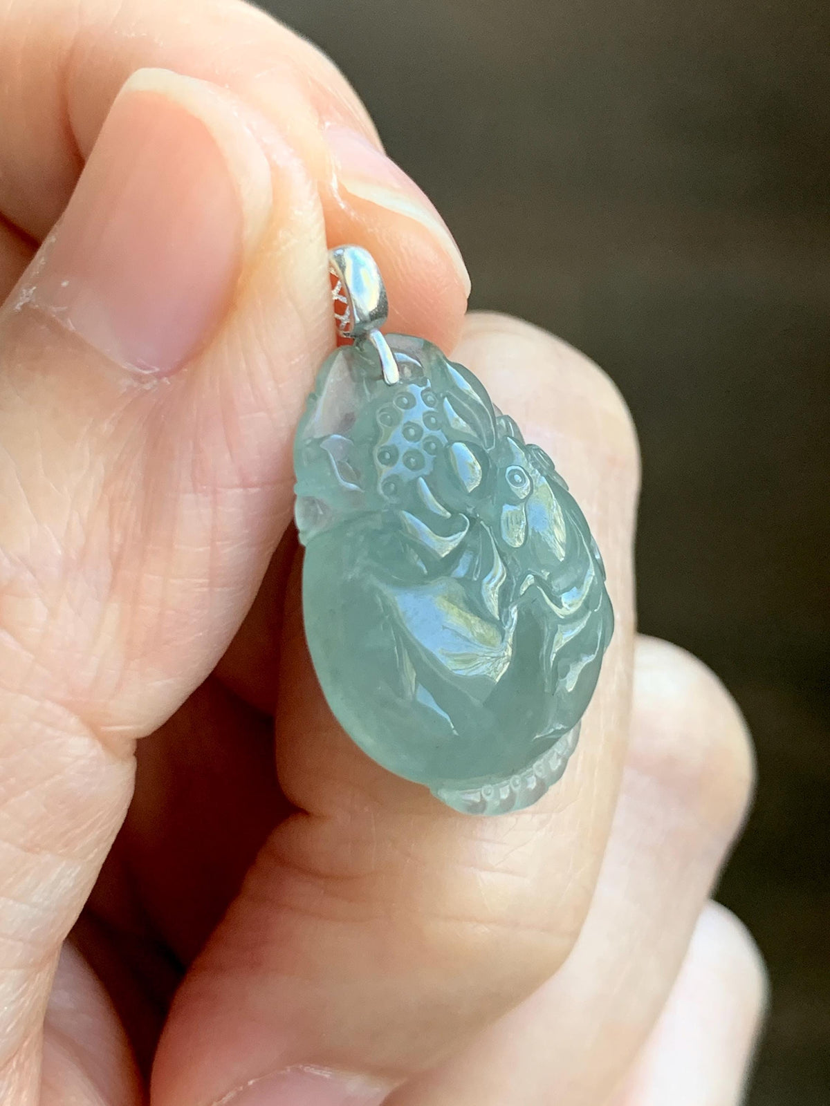Natural Grade A Icy Translucent Dusty Teal Green Jade Jadeite Lotus Flower Goldfish Donut Pendant 18K White Gold 3g 天然冰胶晴蓝底翡翠莲花鱼吊坠 MTG588