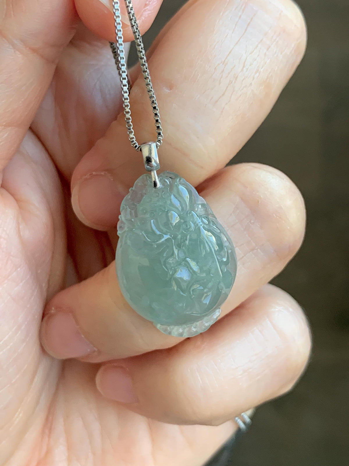 Natural Grade A Icy Translucent Dusty Teal Green Jade Jadeite Lotus Flower Goldfish Donut Pendant 18K White Gold 3g 天然冰胶晴蓝底翡翠莲花鱼吊坠 MTG588