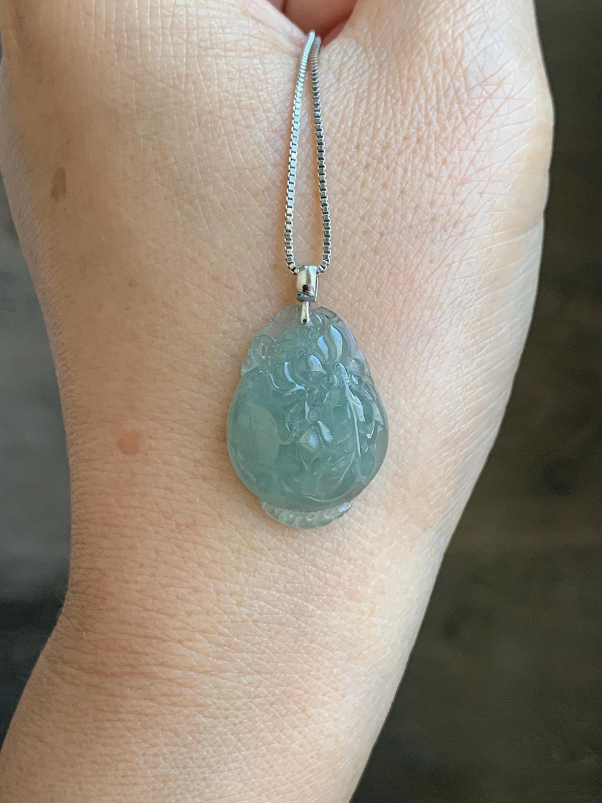 Natural Grade A Icy Translucent Dusty Teal Green Jade Jadeite Lotus Flower Goldfish Donut Pendant 18K White Gold 3g 天然冰胶晴蓝底翡翠莲花鱼吊坠 MTG588