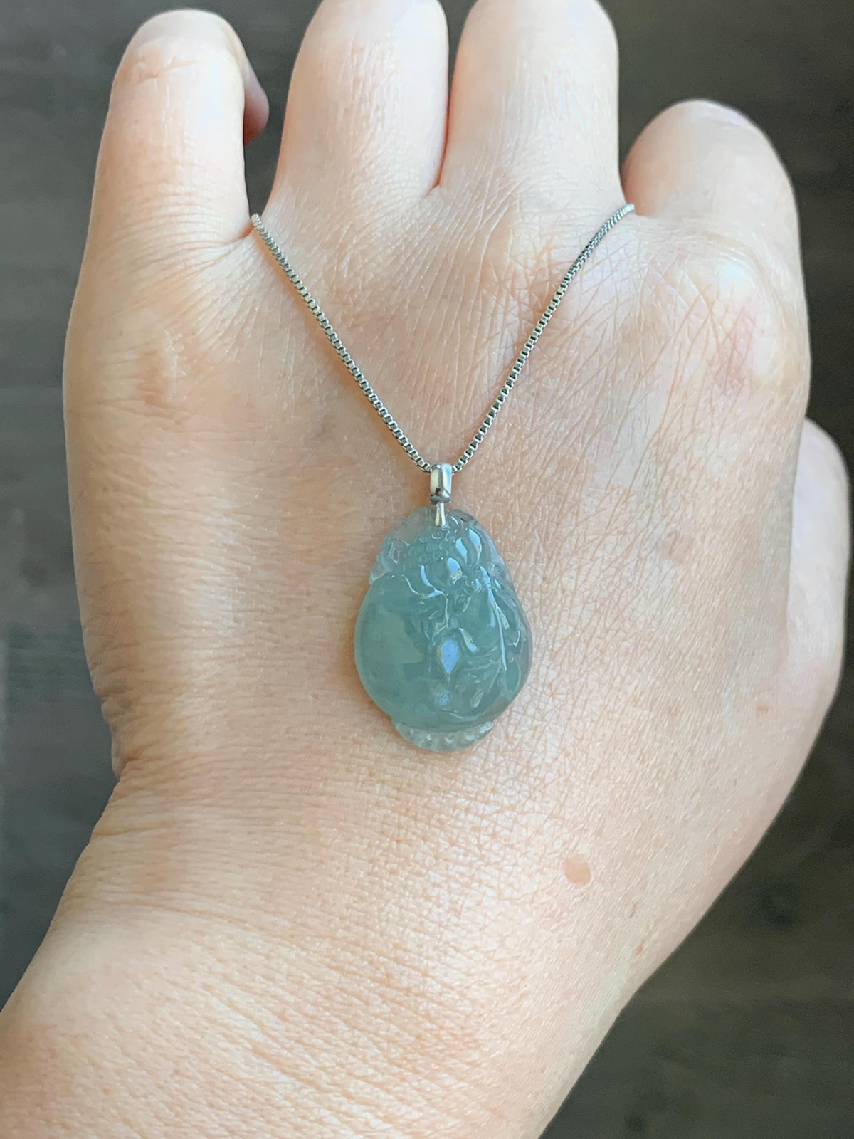 Natural Grade A Icy Translucent Dusty Teal Green Jade Jadeite Lotus Flower Goldfish Donut Pendant 18K White Gold 3g 天然冰胶晴蓝底翡翠莲花鱼吊坠 MTG588