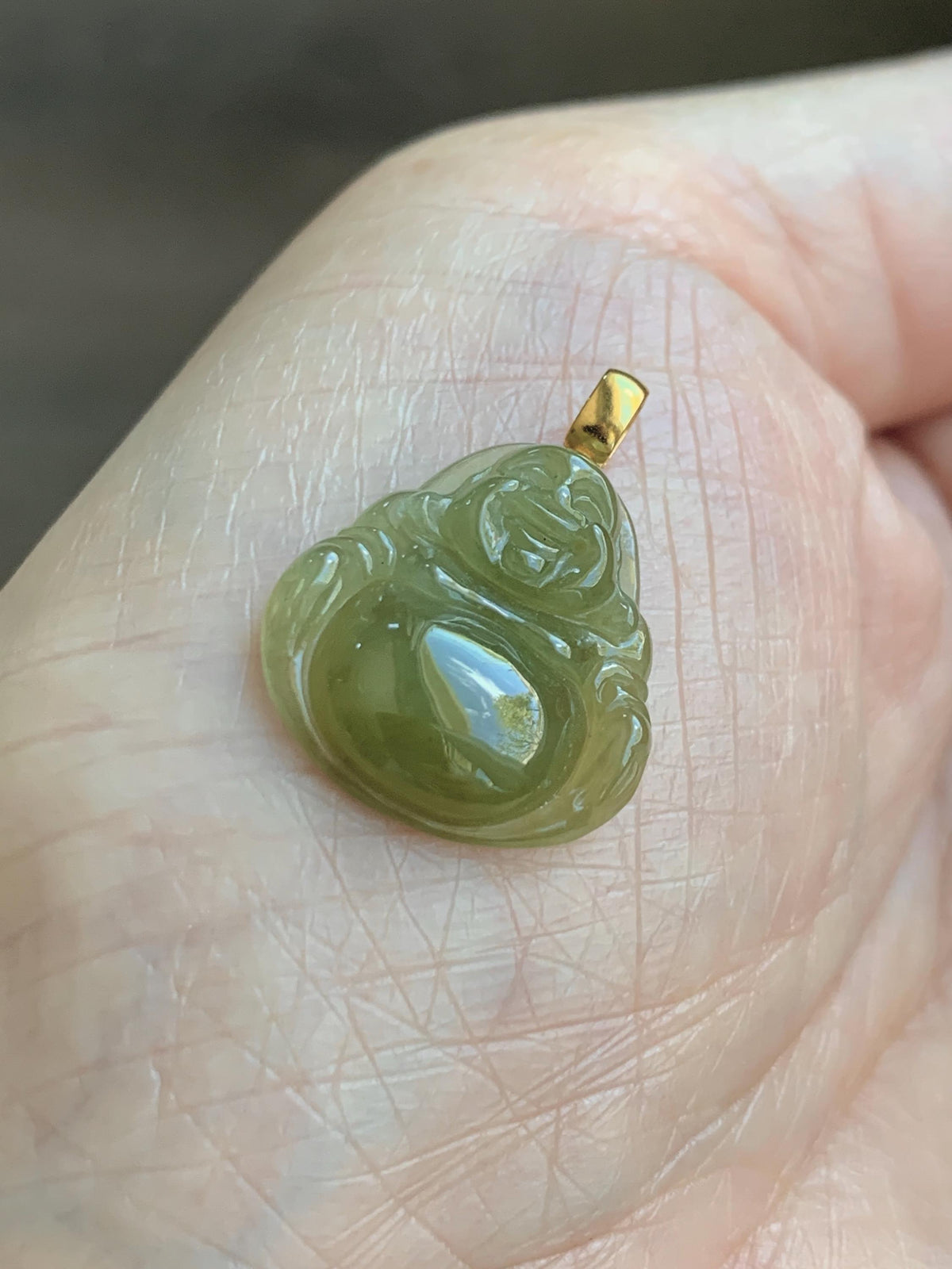 Natural Grade A Icy Translucent Yellowish Brown Jade Jadeite Carved Buddha Petite Pendant 18K Yellow Gold 天然冰茶黄翡翠小佛公镶嵌吊坠 MCH180