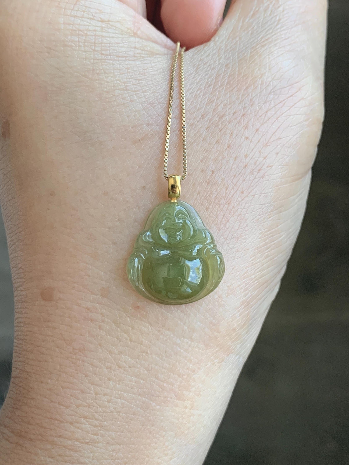 Natural Grade A Icy Translucent Yellowish Brown Jade Jadeite Carved Buddha Petite Pendant 18K Yellow Gold 天然冰茶黄翡翠小佛公镶嵌吊坠 MCH180