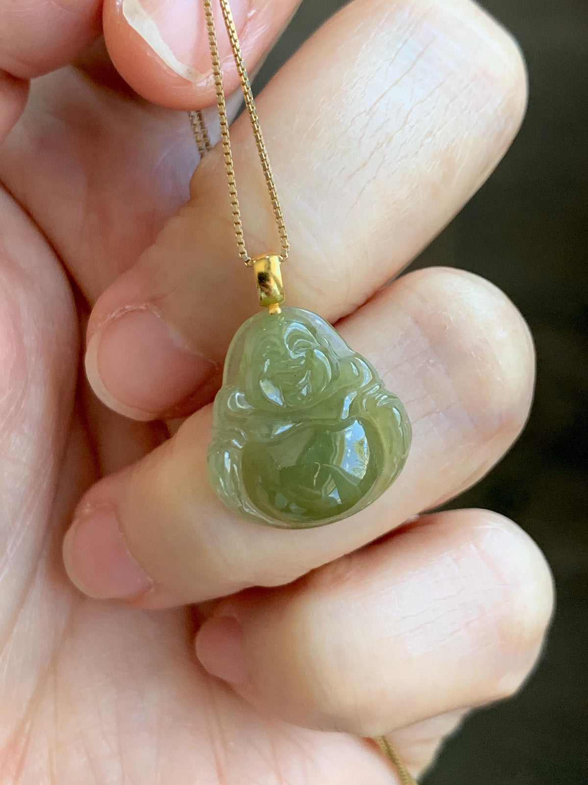 Natural Grade A Icy Translucent Yellowish Brown Jade Jadeite Carved Buddha Petite Pendant 18K Yellow Gold 天然冰茶黄翡翠小佛公镶嵌吊坠 MCH180