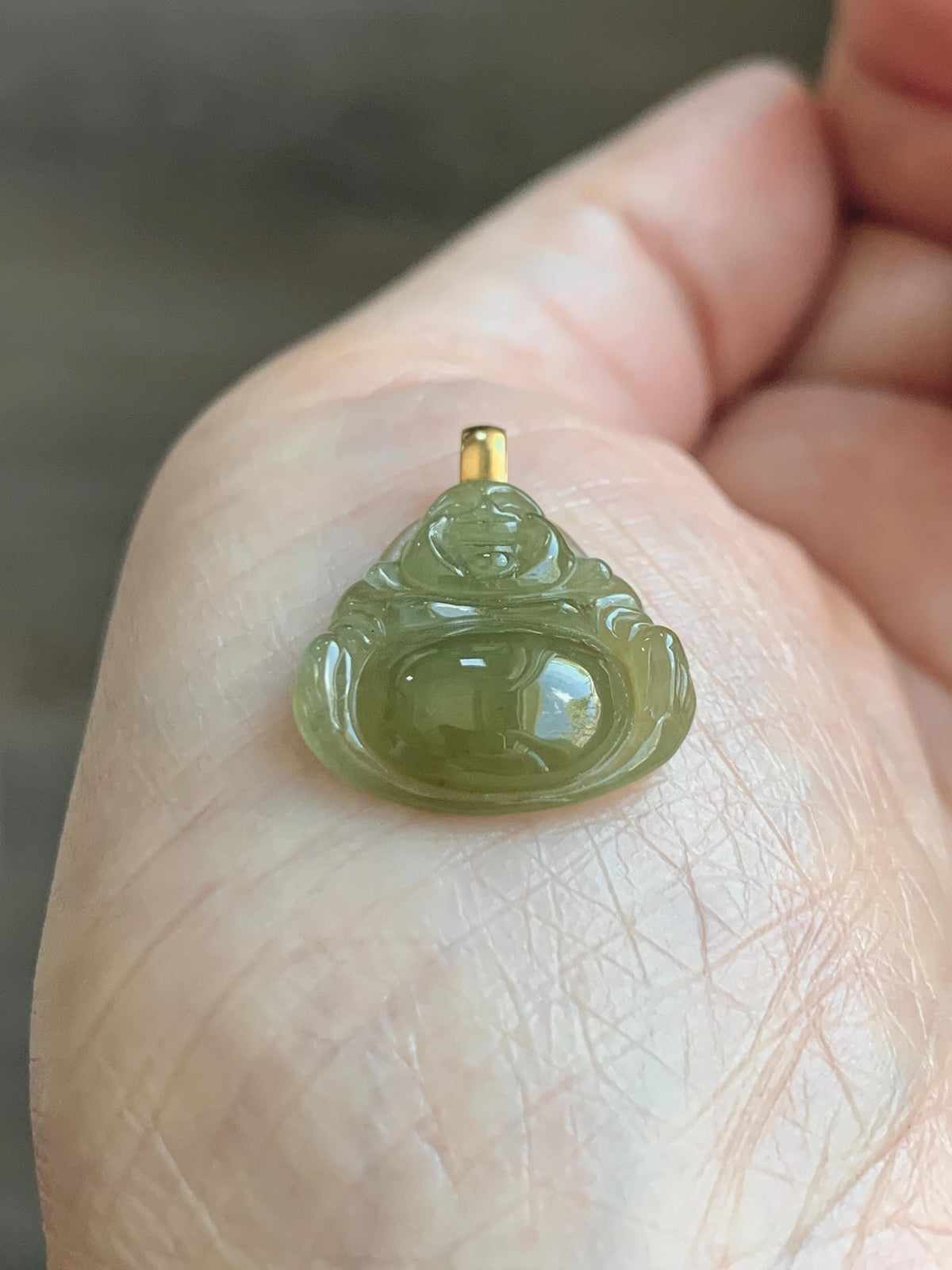 Natural Grade A Icy Translucent Yellowish Brown Jade Jadeite Carved Buddha Petite Pendant 18K Yellow Gold 天然冰茶黄翡翠小佛公镶嵌吊坠 MCH180