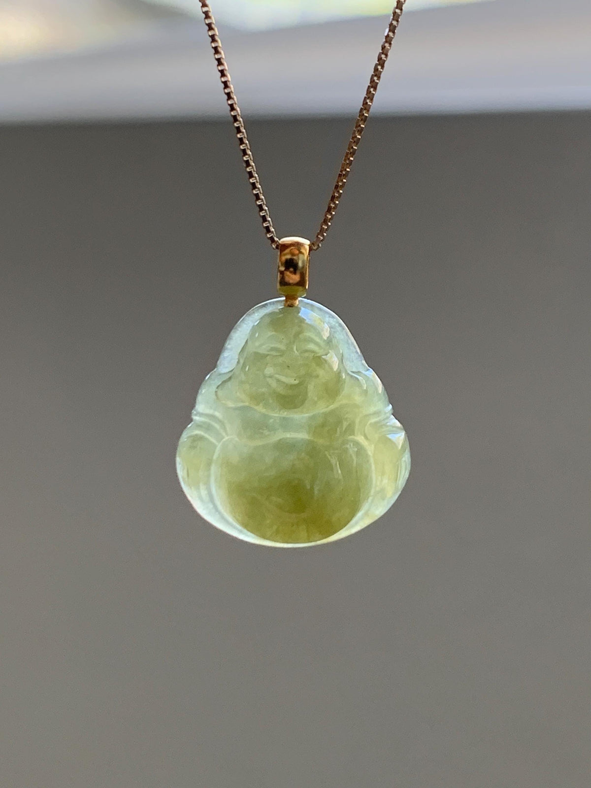 Natural Grade A Icy Translucent Yellowish Brown Jade Jadeite Carved Buddha Petite Pendant 18K Yellow Gold 天然冰茶黄翡翠小佛公镶嵌吊坠 MCH180