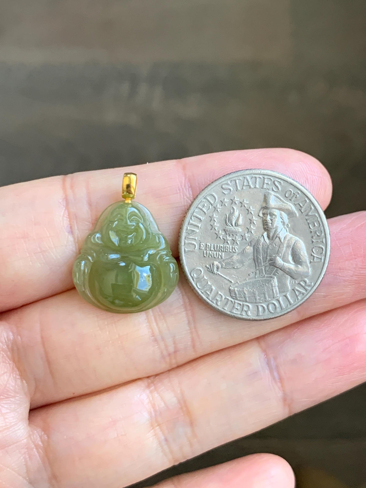 Natural Grade A Icy Translucent Yellowish Brown Jade Jadeite Carved Buddha Petite Pendant 18K Yellow Gold 天然冰茶黄翡翠小佛公镶嵌吊坠 MCH180