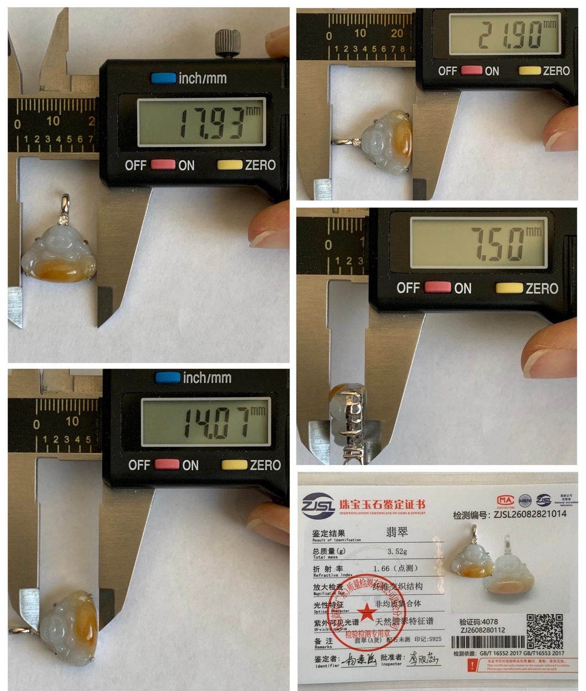 Certified Natural Grade A Icy Translucent White Yellow Marbled Bicolored Jade Jadeite Buddha Petite Pendant Sterling Silver 天然白冰撒金翡翠佛公吊坠1014