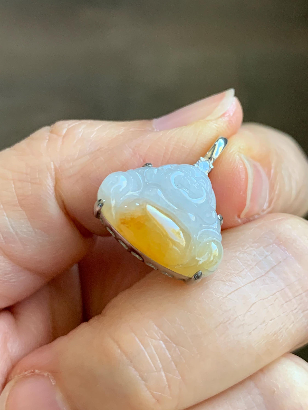 Certified Natural Grade A Icy Translucent White Yellow Marbled Bicolored Jade Jadeite Buddha Petite Pendant Sterling Silver 天然白冰撒金翡翠佛公吊坠1014