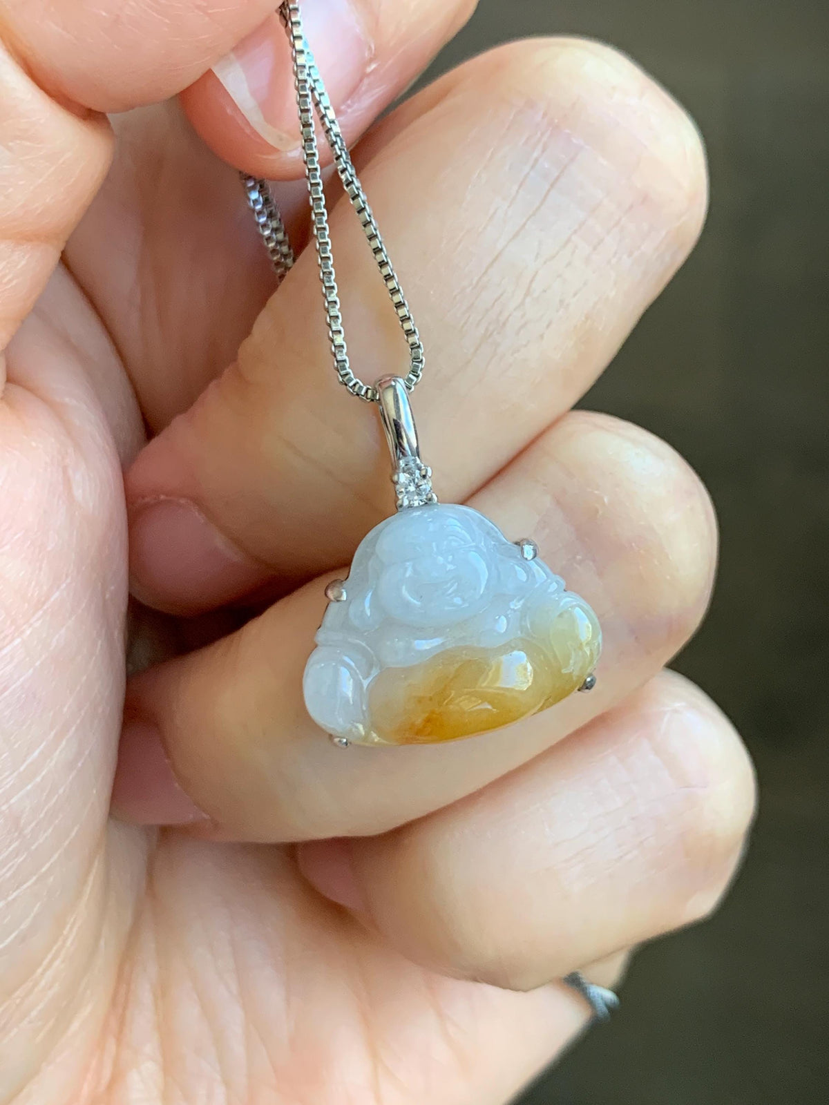 Certified Natural Grade A Icy Translucent White Yellow Marbled Bicolored Jade Jadeite Buddha Petite Pendant Sterling Silver 天然白冰撒金翡翠佛公吊坠1014