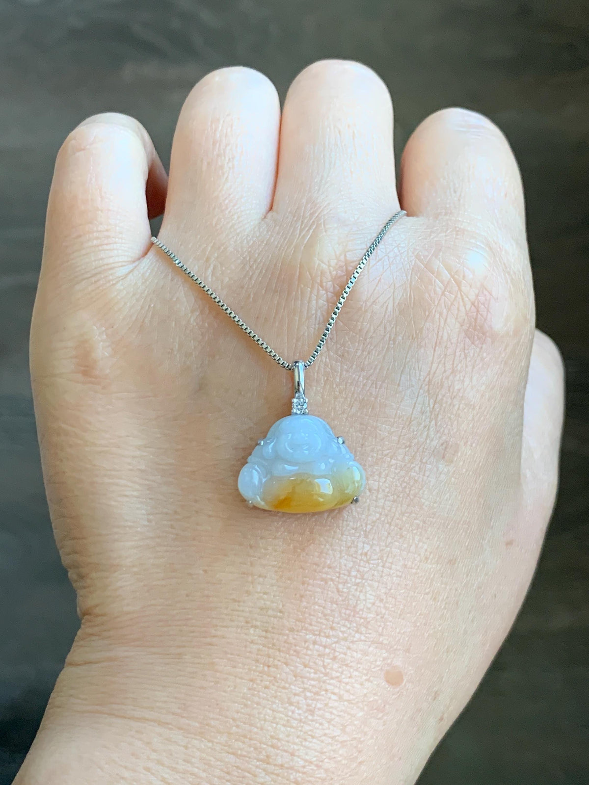 Certified Natural Grade A Icy Translucent White Yellow Marbled Bicolored Jade Jadeite Buddha Petite Pendant Sterling Silver 天然白冰撒金翡翠佛公吊坠1014
