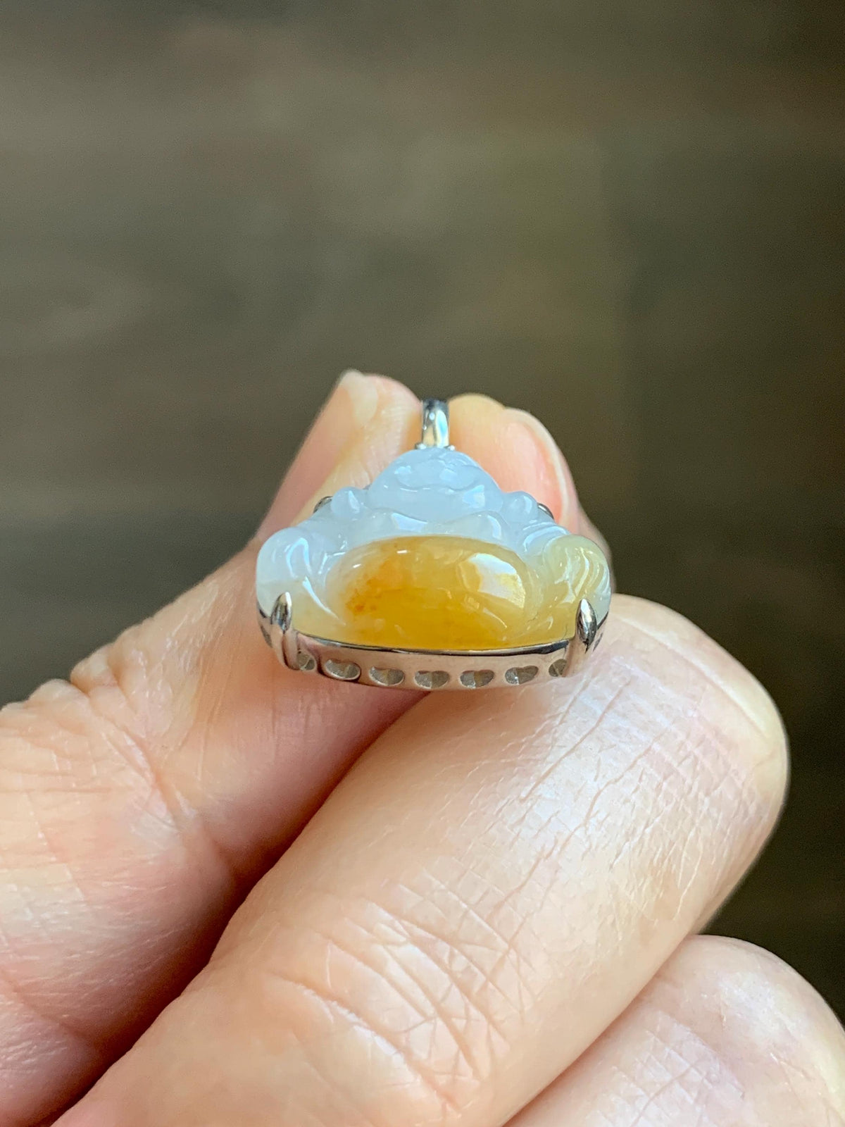 Certified Natural Grade A Icy Translucent White Yellow Marbled Bicolored Jade Jadeite Buddha Petite Pendant Sterling Silver 天然白冰撒金翡翠佛公吊坠1014