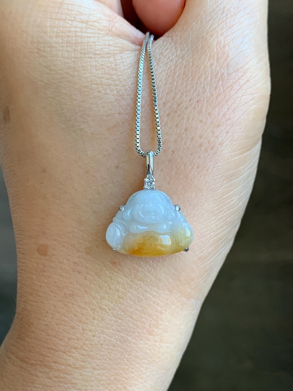 Certified Natural Grade A Icy Translucent White Yellow Marbled Bicolored Jade Jadeite Buddha Petite Pendant Sterling Silver 天然白冰撒金翡翠佛公吊坠1014