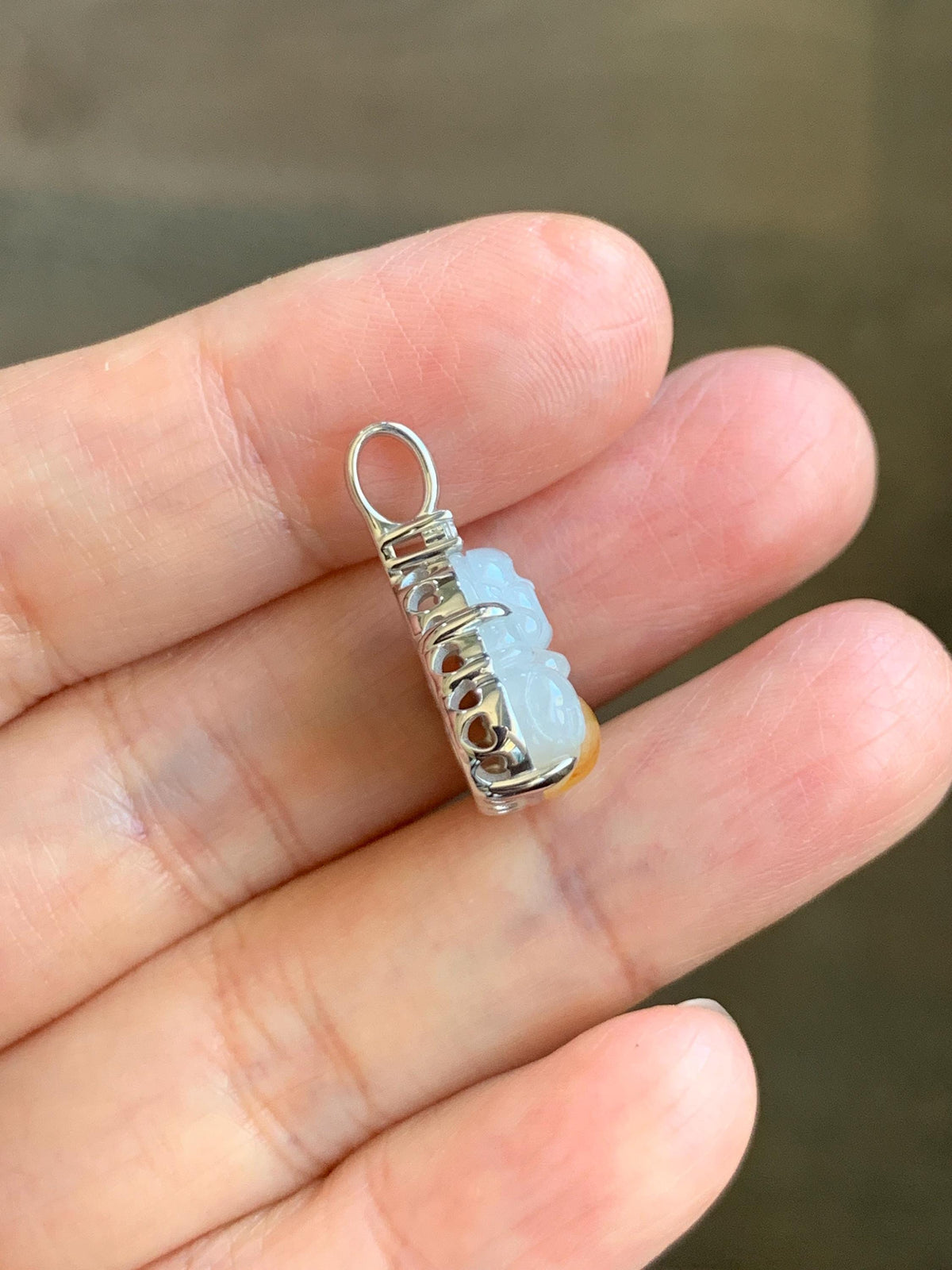 Certified Natural Grade A Icy Translucent White Yellow Marbled Bicolored Jade Jadeite Buddha Petite Pendant Sterling Silver 天然白冰撒金翡翠佛公吊坠1014