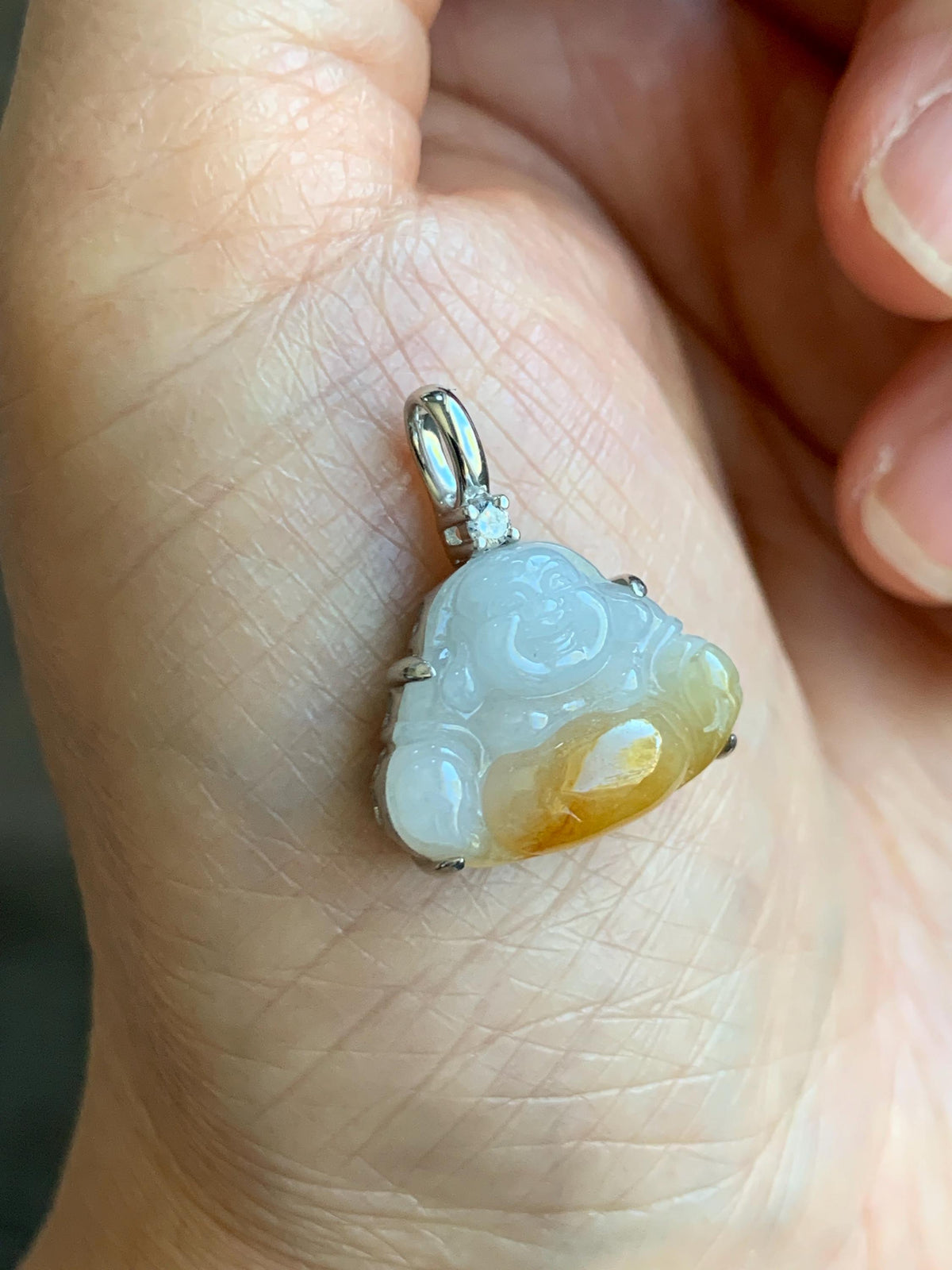 Certified Natural Grade A Icy Translucent White Yellow Marbled Bicolored Jade Jadeite Buddha Petite Pendant Sterling Silver 天然白冰撒金翡翠佛公吊坠1014