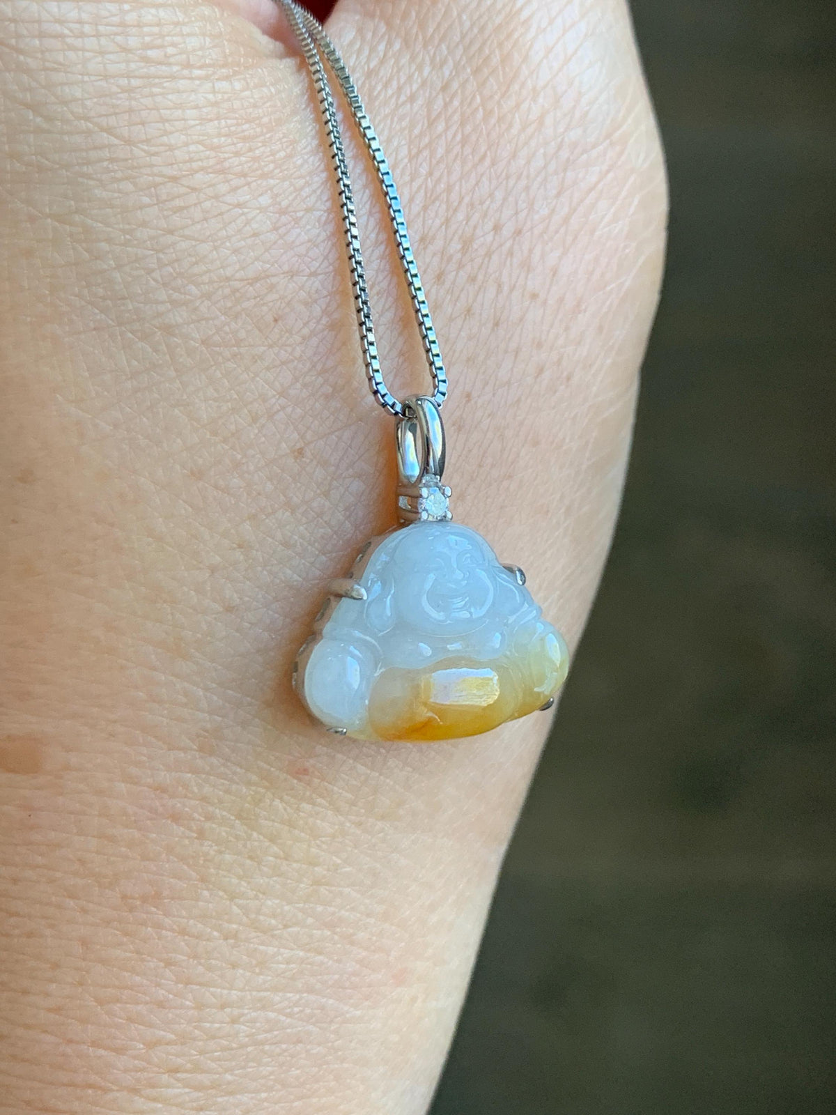 Certified Natural Grade A Icy Translucent White Yellow Marbled Bicolored Jade Jadeite Buddha Petite Pendant Sterling Silver 天然白冰撒金翡翠佛公吊坠1014
