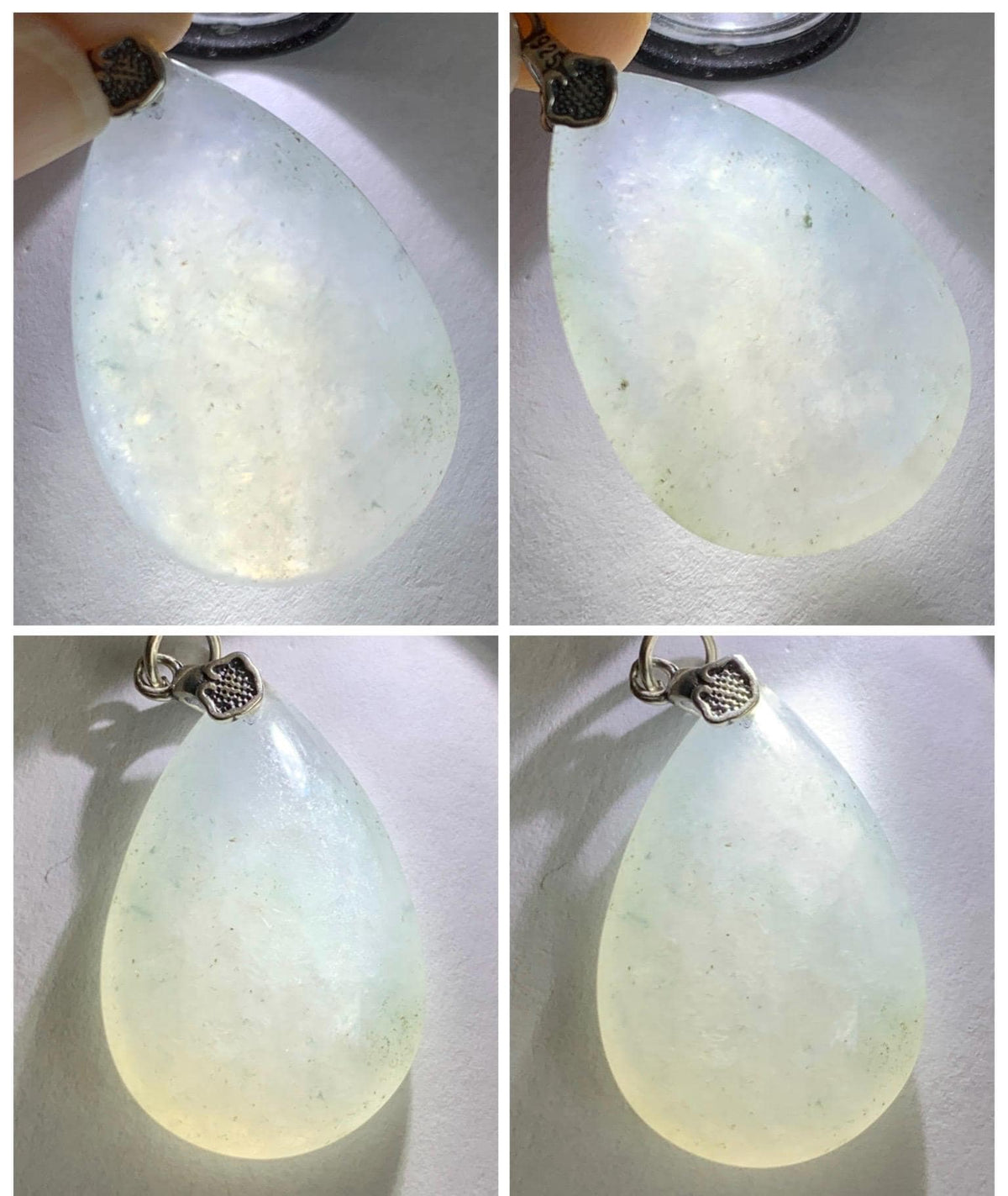 Certified Natural Grade A Icy Highly Translucent Light Gray Wuji Jade Jadeite Teardrop Large Pendant Sterling Silver 6.76g 天然冰胶浅乌鸡翡翠水滴吊坠 969