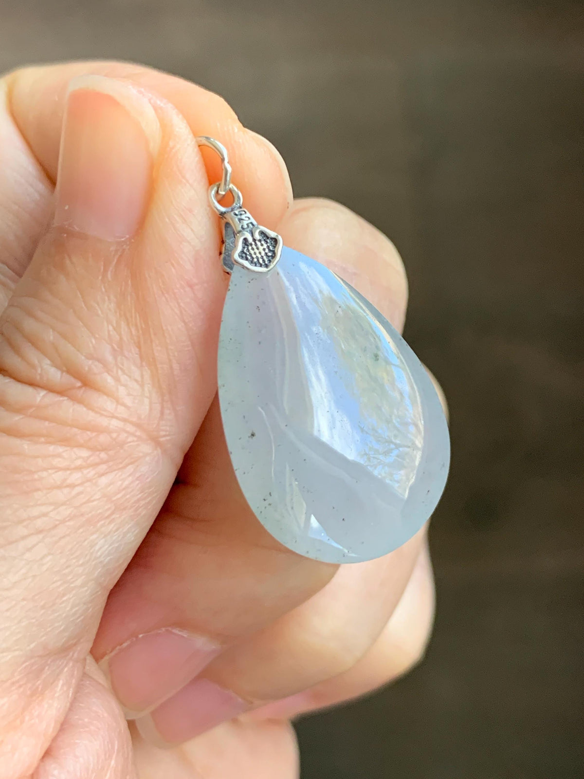 Certified Natural Grade A Icy Highly Translucent Light Gray Wuji Jade Jadeite Teardrop Large Pendant Sterling Silver 6.76g 天然冰胶浅乌鸡翡翠水滴吊坠 969