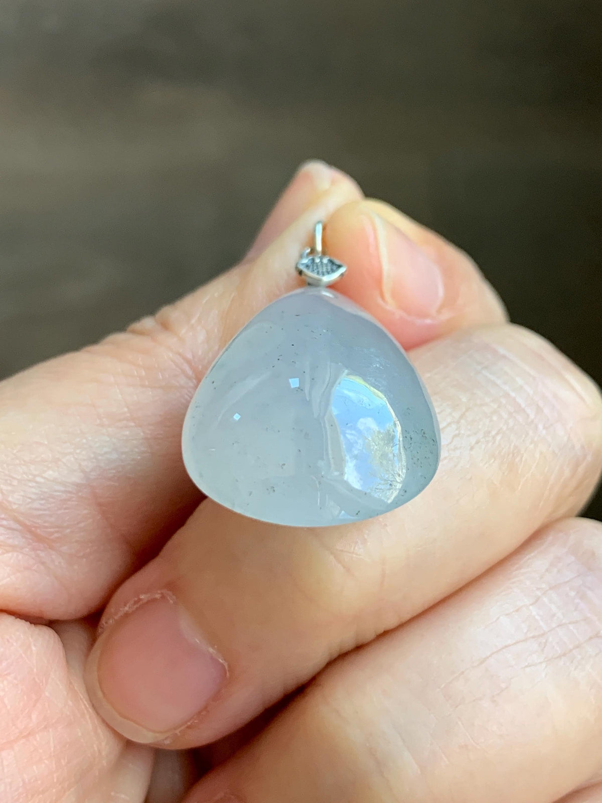 Certified Natural Grade A Icy Highly Translucent Light Gray Wuji Jade Jadeite Teardrop Large Pendant Sterling Silver 6.76g 天然冰胶浅乌鸡翡翠水滴吊坠 969
