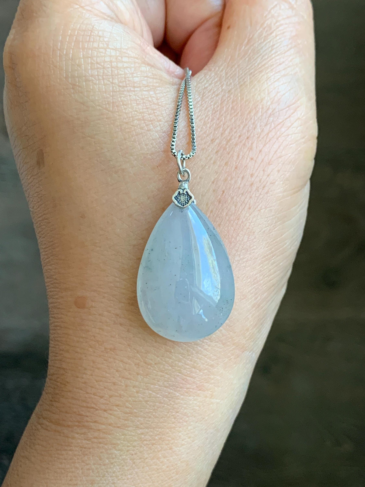 Certified Natural Grade A Icy Highly Translucent Light Gray Wuji Jade Jadeite Teardrop Large Pendant Sterling Silver 6.76g 天然冰胶浅乌鸡翡翠水滴吊坠 969