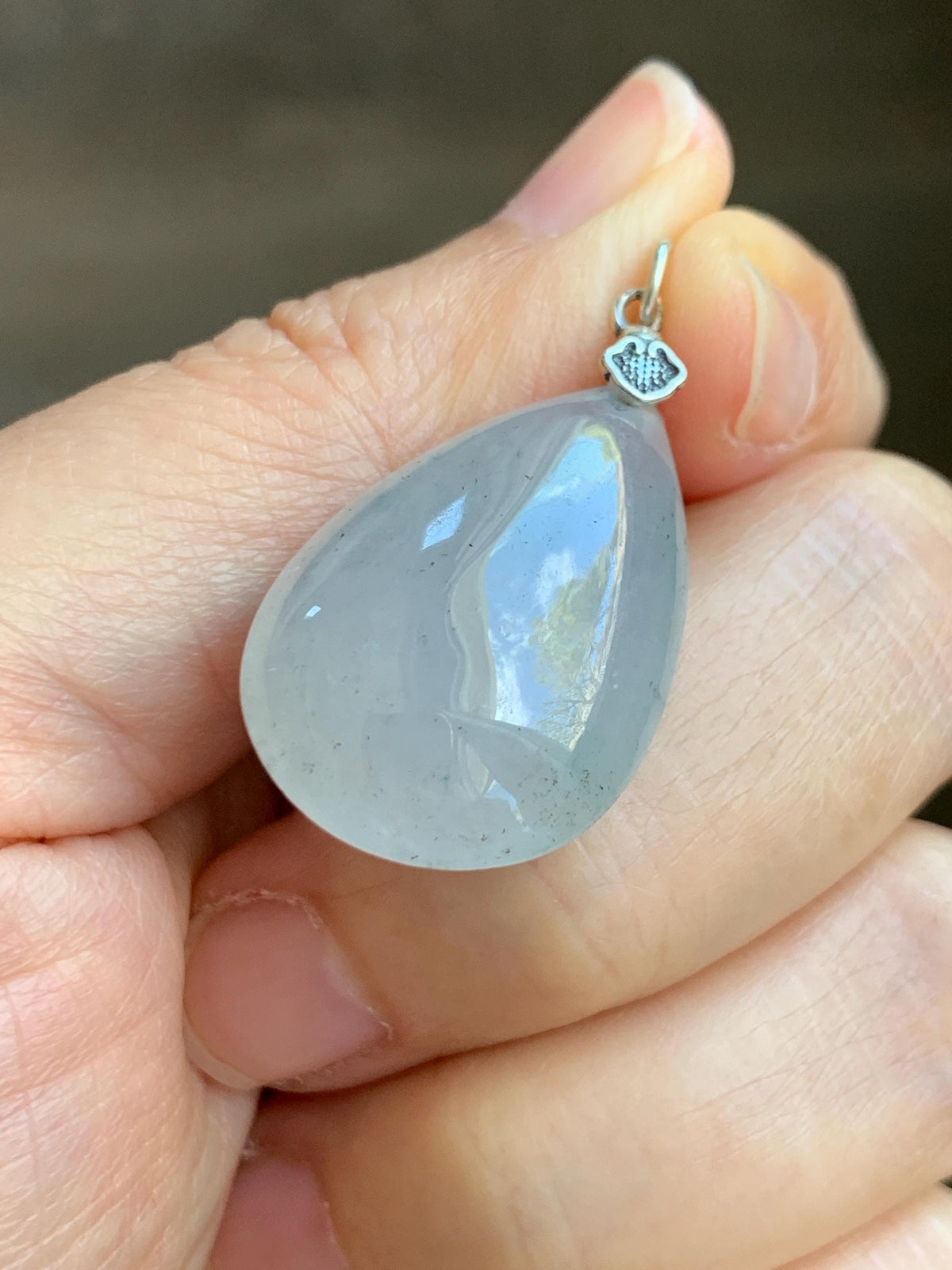 Certified Natural Grade A Icy Highly Translucent Light Gray Wuji Jade Jadeite Teardrop Large Pendant Sterling Silver 6.76g 天然冰胶浅乌鸡翡翠水滴吊坠 969