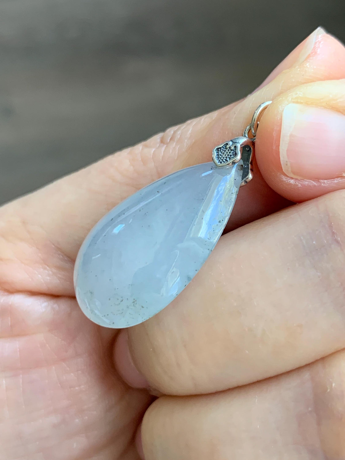 Certified Natural Grade A Icy Highly Translucent Light Gray Wuji Jade Jadeite Teardrop Large Pendant Sterling Silver 6.76g 天然冰胶浅乌鸡翡翠水滴吊坠 969