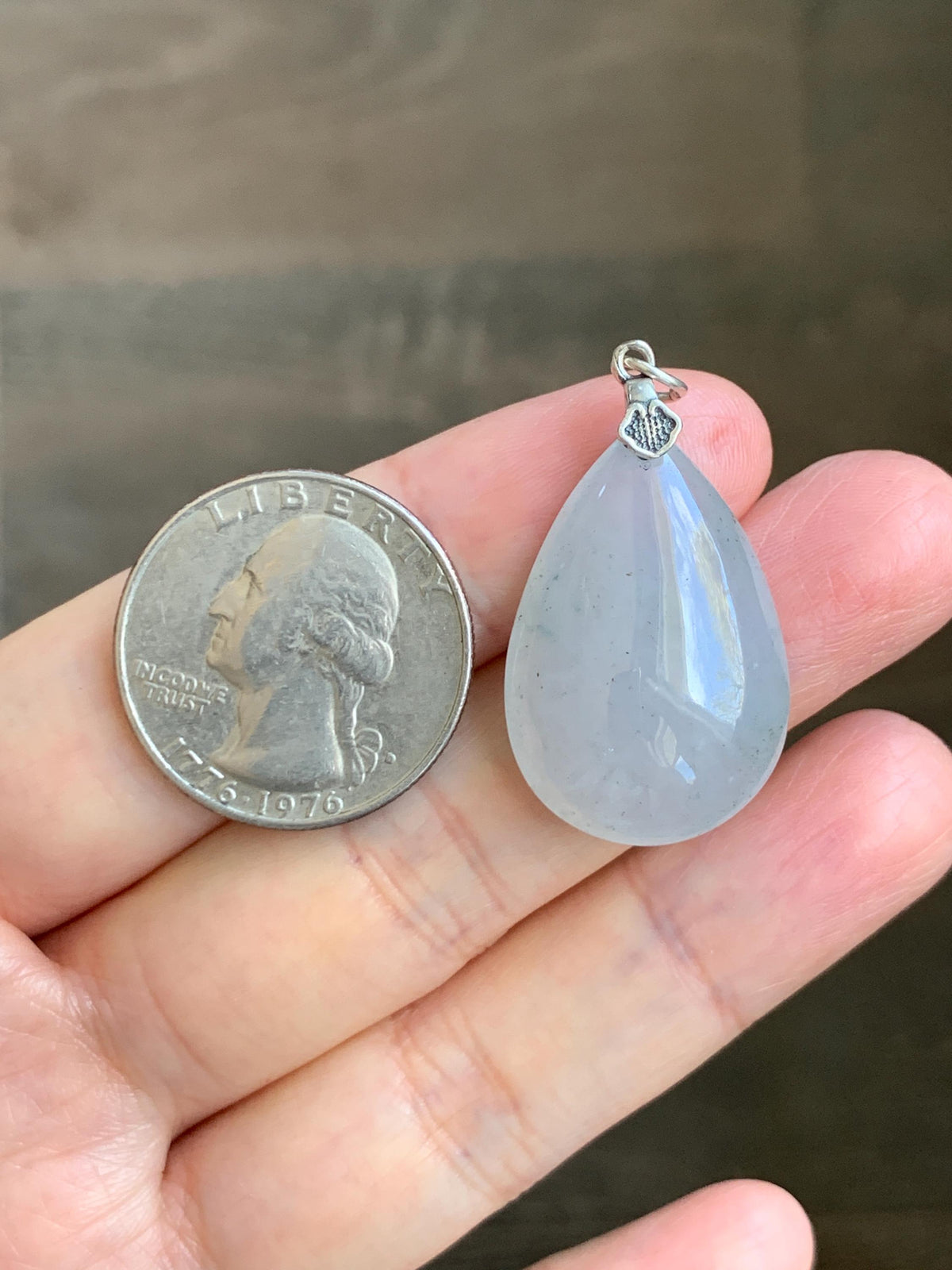 Certified Natural Grade A Icy Highly Translucent Light Gray Wuji Jade Jadeite Teardrop Large Pendant Sterling Silver 6.76g 天然冰胶浅乌鸡翡翠水滴吊坠 969